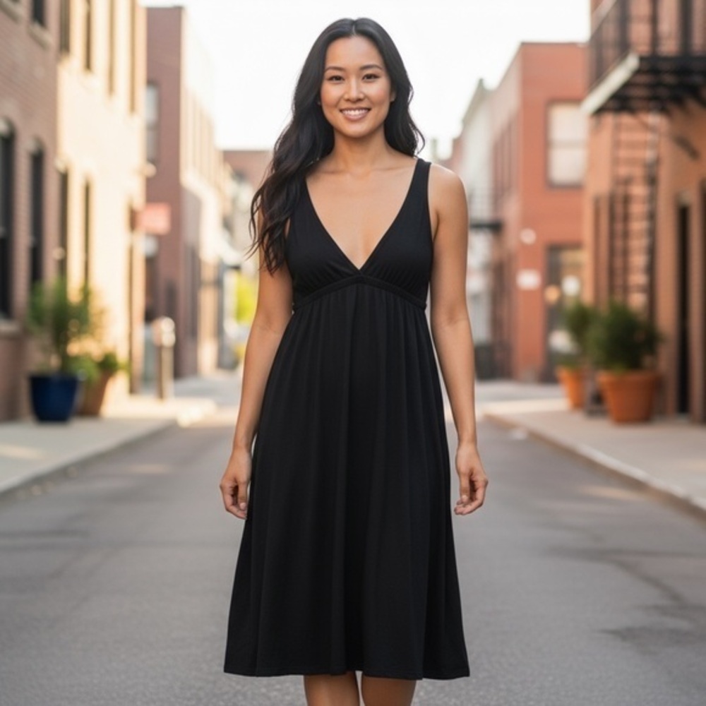 J Crew Black Empire Waist Midi Dress 92% Rayon 8% Spandex Size Medium